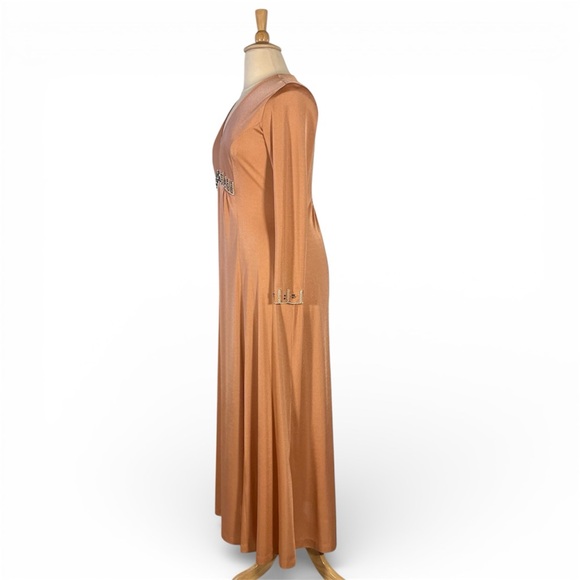 Vintage 70s V-Neck Dress Women’s XL Beaded Long Sleeve‎ Maxi Hippie Glam - Picture 6 of 9
